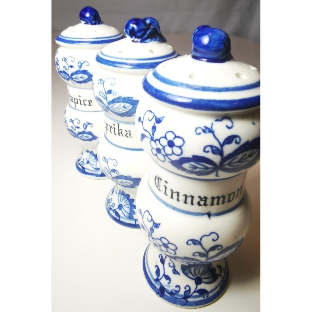 Trio of Spice Jars Blue & White Delft/Blue Onion Style French Country Vintage
